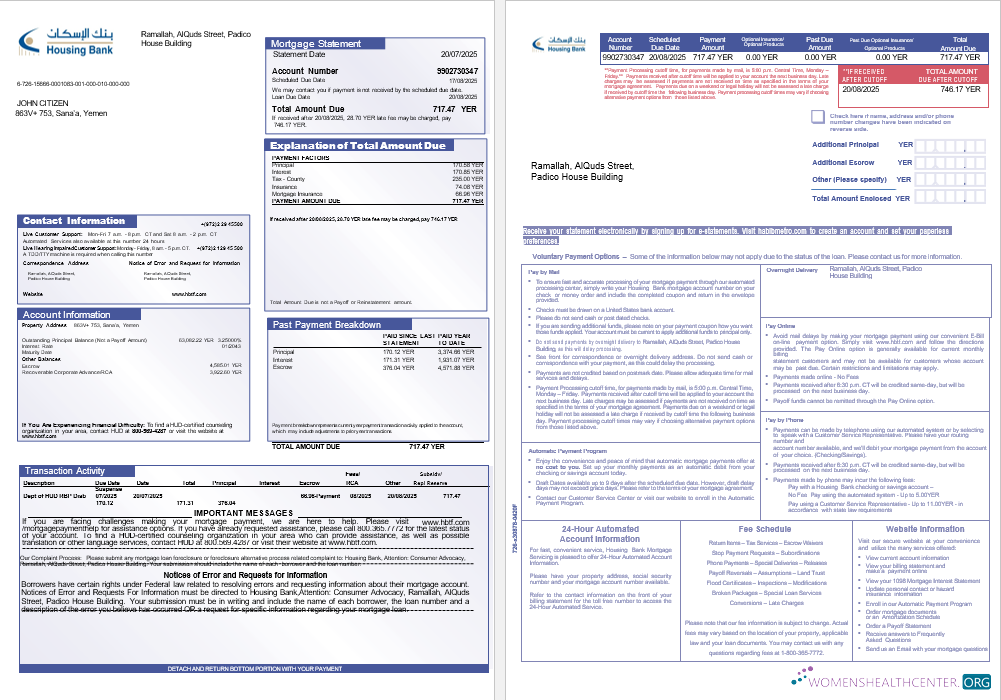 Download Yemeni Housing Bank mortgage statement in Word and PDF formats, 3 pages 1 2 Photoshop template